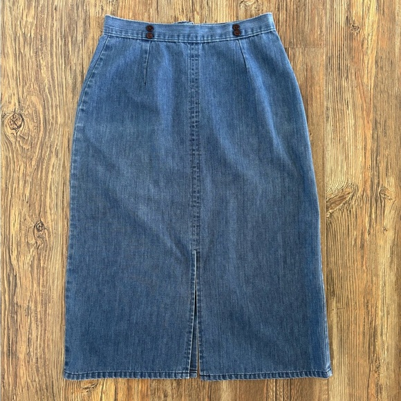 Vtg Midi Jean Skirt 13/14 Blue Denim Cotton Front & Back Slits Buttons High Rise - Picture 1 of 11
